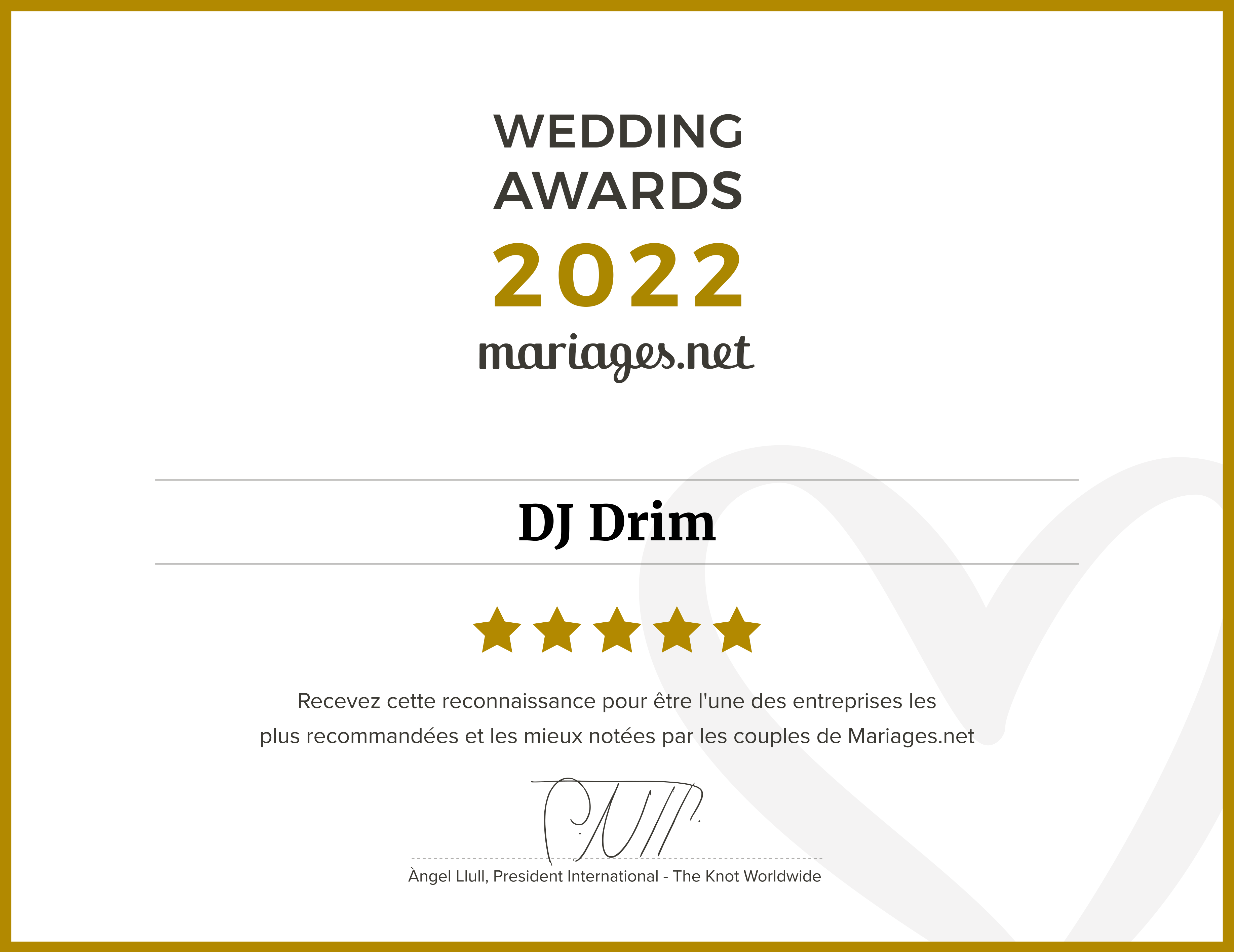 Wedding Awards Mariages.net 2022 — DJ Drim 5 étoiles
